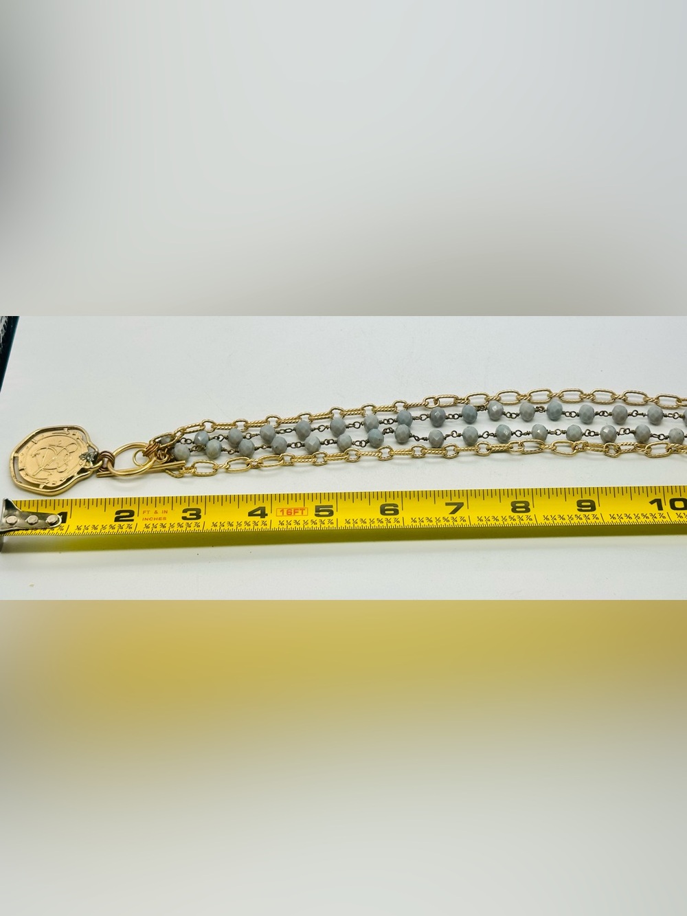 Equestrian Medallion Coin Necklace Multi Strand Beaded Gold Tone Horse Toggle - Picture 6 of 6